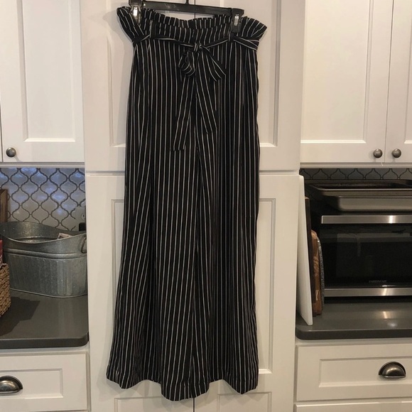 Who What Wear Black White Striped Paper Bag Waist Wide Leg Cropped Pants Large - Picture 2 of 10